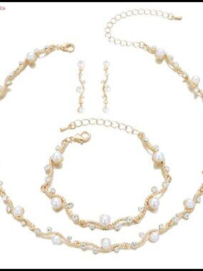 Bridal Pearl Crystal Jewelry Set Necklace Earrings Bracelet Silver Plated